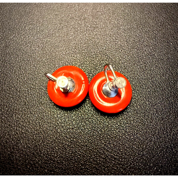 Vintage Mid-Century Screw Back Bright Orange Round Earrings Plastic Enamel MCM - Picture 4 of 7